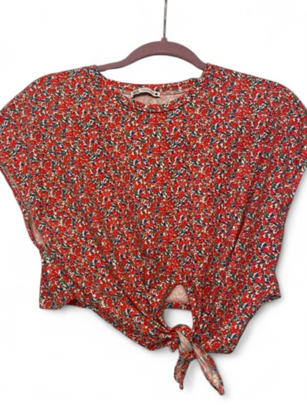 Zara Red Floral Tie-Front Crop Top